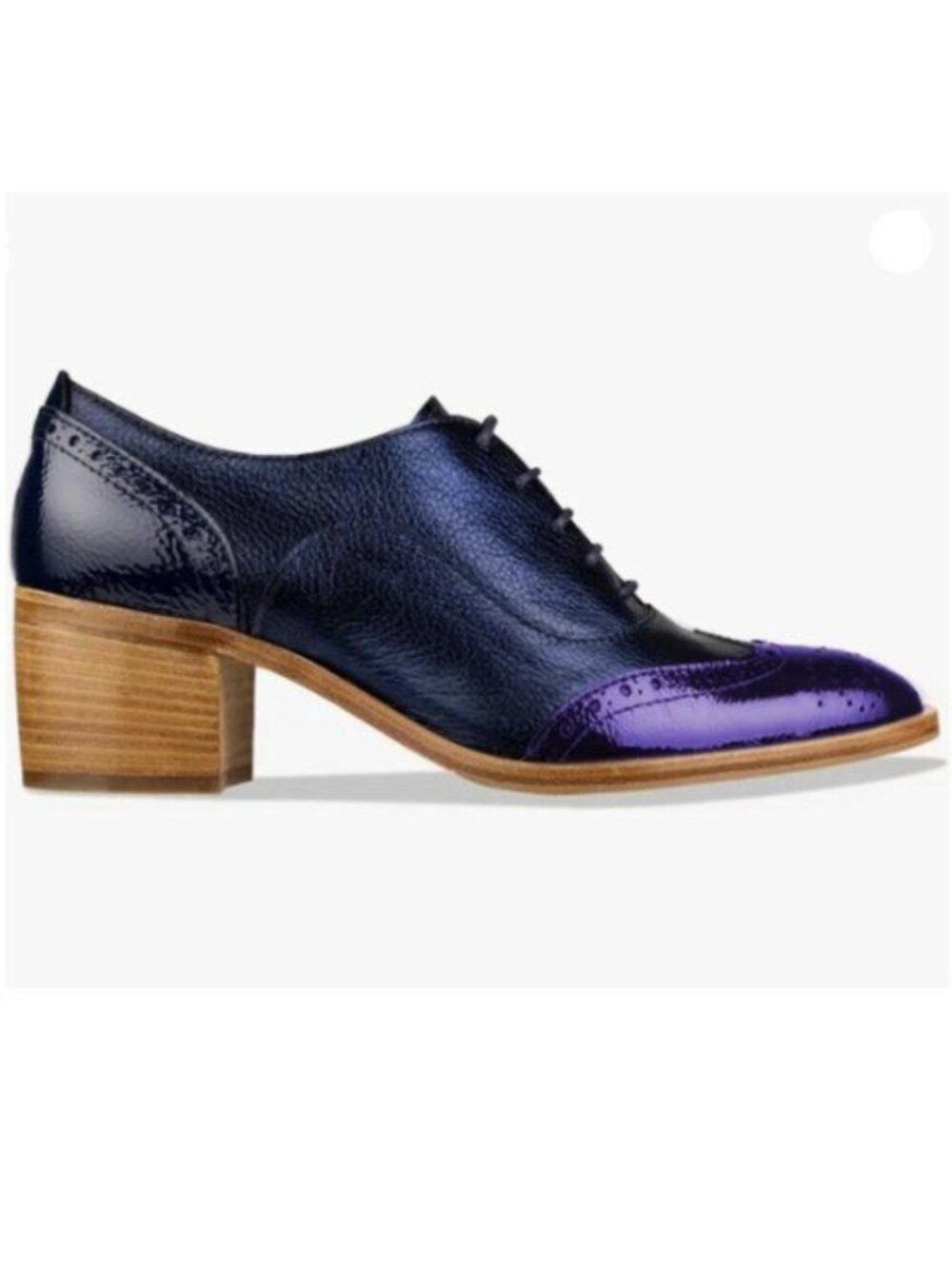 FOWT Women's Perforated Lace-Up Oxfords Almond Toe Mid Chunky Heel Shoes Blue